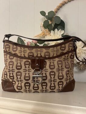 Etienne Aigner Brown Monogram Canvas Shoulder Bag with Dark Brown Trim